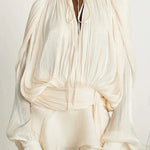 Ninah Glitter Fabric Pleated Balloon Sleeve Tiered Ruffle Hem Mini Dress