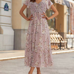 V Neck Short Sleeves Smocked Tiered Mauve Floral Maxi Dress