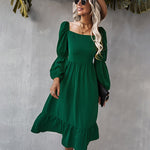 Solid Square Neck Bishop Sleeve Flounce Hem Dress