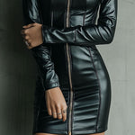 Moto Chic Black Eco Leather Zip-Up Bodycon Dress
