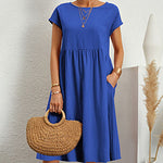 Round Neck Short Sleeve High Waist Dresses Solid Color Casual Holiday Beach Party Sundress