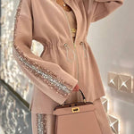 Edan Textured Knit Sequin Patchwork Drawstring Zipper Sweatshirt and Stretch Wide Leg Pants Set