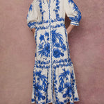 Loose Puff Sleeves Floral Printed Pleated Split-Joint Tied Waist Lapel Maxi Dresses Shirt Dress