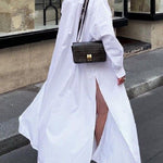 Long Sleeves Loose Buttoned Solid Color Split-Side Lapel Maxi Shirt Dress
