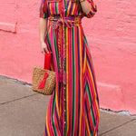 Long Sleeves Loose Split-Joint Striped Lapel Maxi Dresses Shirt Dress