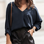 Nadorine V-Neck Long Sleeve Buckle T-Shirt Plain Shirts Shirt Top Elegant Shirts Casual Slim Fit Basic