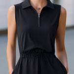 Sleeveless Zip-Collar Drawstring Waist Midi Dress