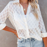 Nadorine Long Sleeve Button Up Shirt Summer Sheer Tulle Top for Women Casual Loose Business Casual 2026 | Under