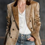 Retro And Fashionable Leopard Print Color-block Collar Velvet Blazer