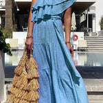 Linen Blend Solid Color Oblique Collar Ruffle Waist Tie Maxi Dress