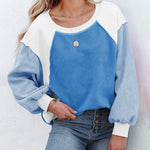 Nadorine Colorblock Bishop Sleeve Sweatshirt Plush Stitching Jumper Crop Top