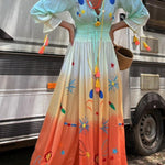Gigi Unique Pattern Gradient Print Smocked Elastic Waist Fringed Maxi Dress