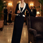 Long Sleeves Contrast Color Deep V-Neck Maxi Dresses