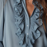 Dusty Blue Ruffle Front V-Neck Button Chiffon Blouse
