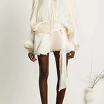 Ninah Glitter Fabric Pleated Balloon Sleeve Tiered Ruffle Hem Mini Dress