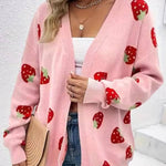 Pink Casual Strawberry Pattern Knit Cardigan