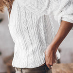 White Solid Cable Knit V Neck Puff Sleeve Cardigan