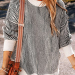 Bright Pink Striped Contrast Trim Loose Sweater