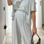 Light Grey Casual Top and Wide-leg Pants Set