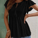 Nadorine Eyelet Tie-Neck Flutter-Sleeve Top Solid Color Casual Blouse for Women Casual Work Office Loose Fit 2026 | Under $40