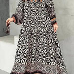 Contrast color V-neck long sleeve printed dress