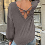 Nadorine Long Sleeve Backless Hollow Knit Sweater for Women Casual Work Office Loose Fit 2026 | Under