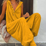 Solid Color Button Hood Sleeveless Jumpsuit