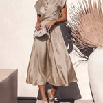 Satin Midi Dress Cap Sleeve Tie Waist Elegant A-Line Flowy Dresses