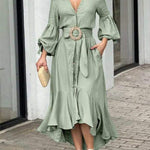 High-Low Puff Sleeves Pleated Solid Color Lapel Collar Maxi Dresses