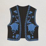 Retro Floral Embroidered Gillet Ethnic Weatern Vest Jacket Sleeveless Cardigan Crop Top