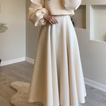 Three-Dimensional Floral Puff Sleeve Top + Long Swing Maxi Skirt Two-Piece Set