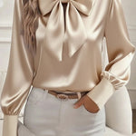 Satin Solid Color Casual Bow Long Sleeve Shirt