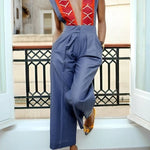 High Waisted Sleeveless Contrast Color Pleated Pockets Zipper Deep V-Neck Jumpsuits