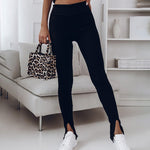 High Waist Ribbed Slit Leggings Tummy Control Pants