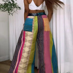 Loose Wide Leg Contrast Color Drawstring Printed Striped Casual Pants Bottoms Trousers