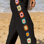Dimarco Linen Blend Colorful Crochet Flower Patchwork Stretch Waist Wide Leg Pants