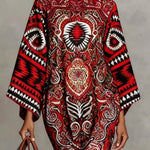 Flared Sleeves Long Sleeves Contrast Color Flower Print Geometric Split-Joint Round-Neck Midi Dresses
