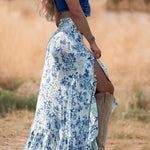 Southern Floral Print Ruffled Slit Maxi Skirt