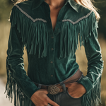 Bohemian Retro Tassel Lapel Long Sleeve Suede Shirt