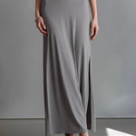 Women's Gray Stretch-Knit Dress With Halter Turtleneck & Side Slit, Timeless Sleek-Elegant Style Dress