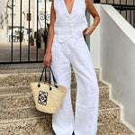 Nadorine Classic Linen Vest and Wide Leg Pants Set