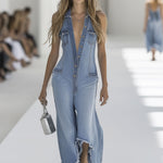 Western Retro Light Blue Denim Sleeveless Raw Edge Wide Leg Zipper Jumpsuit