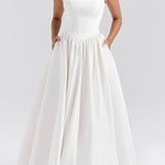 Wide Straps Corset Solid Color Gowns Maxi Dresses-White