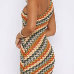 Playful Colorful Knitted Slim-fitting Offset Neck Stretch Mini Dress