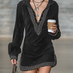 Women's Vintage Faux Suede Embroidered Shirt Collar Long Sleeve Mini Dress