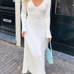 Long Sleeve Dress V-Neck Knit Maxi Dress Ribbed Elegant Long High Waist Pleated Dresses