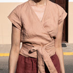 Nadorine V-neck Slanted Breast Cotton and Linen Tie Waist Short Top