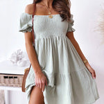 Off Shoulder Summer Casual Dresses Solid Loose Fit Short Flowy Pleated Dress Swing Beach Sundress