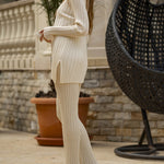 Nadorine Casual Knitted Two-piece Set Irregular Split Hem Sweater and Wide-leg Pants