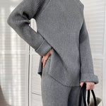 Urban Loose Solid Round-Neck Split-Side Sweater& Wide Leg Pants Suits